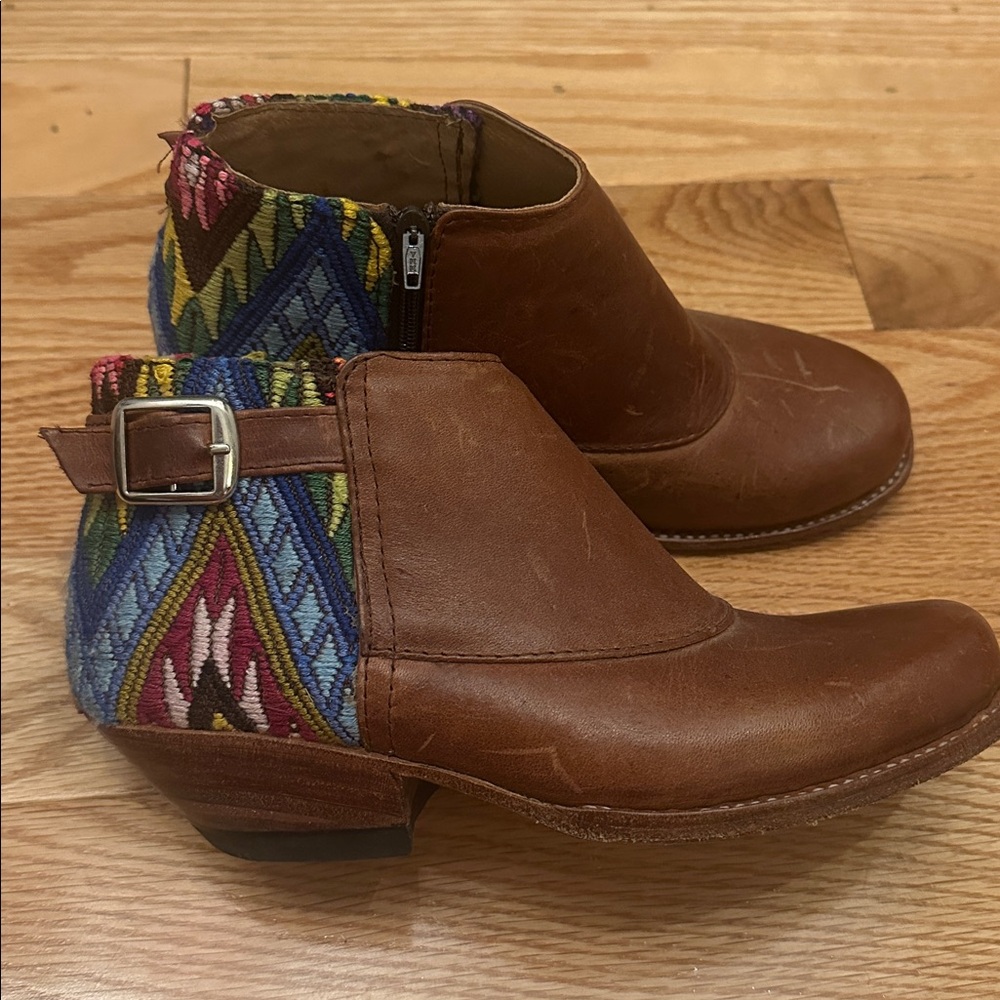 Custom handmade Brown Leather Ankle Boots with Colorful Pattern One of a Kind